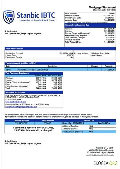 Modèle Word et PDF de relevé hypothécaire de la Stanbic IBTC Bank du Nigéria
